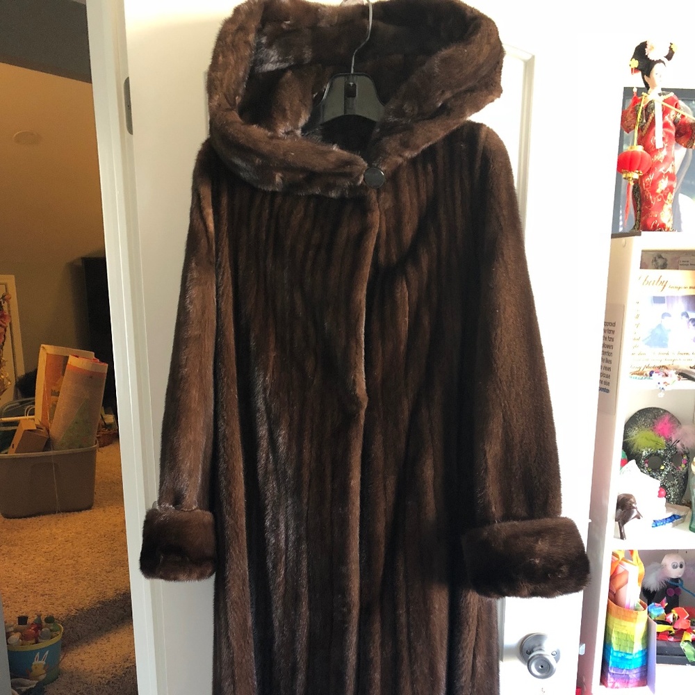 Mink Coat.Full length w/hood, cuffed sleeves...